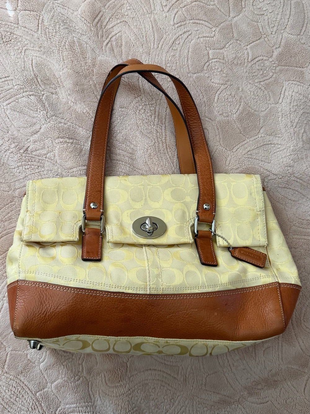 Coach Yellow Signature Canvas Shoulder Bag with Brown Leather Trim